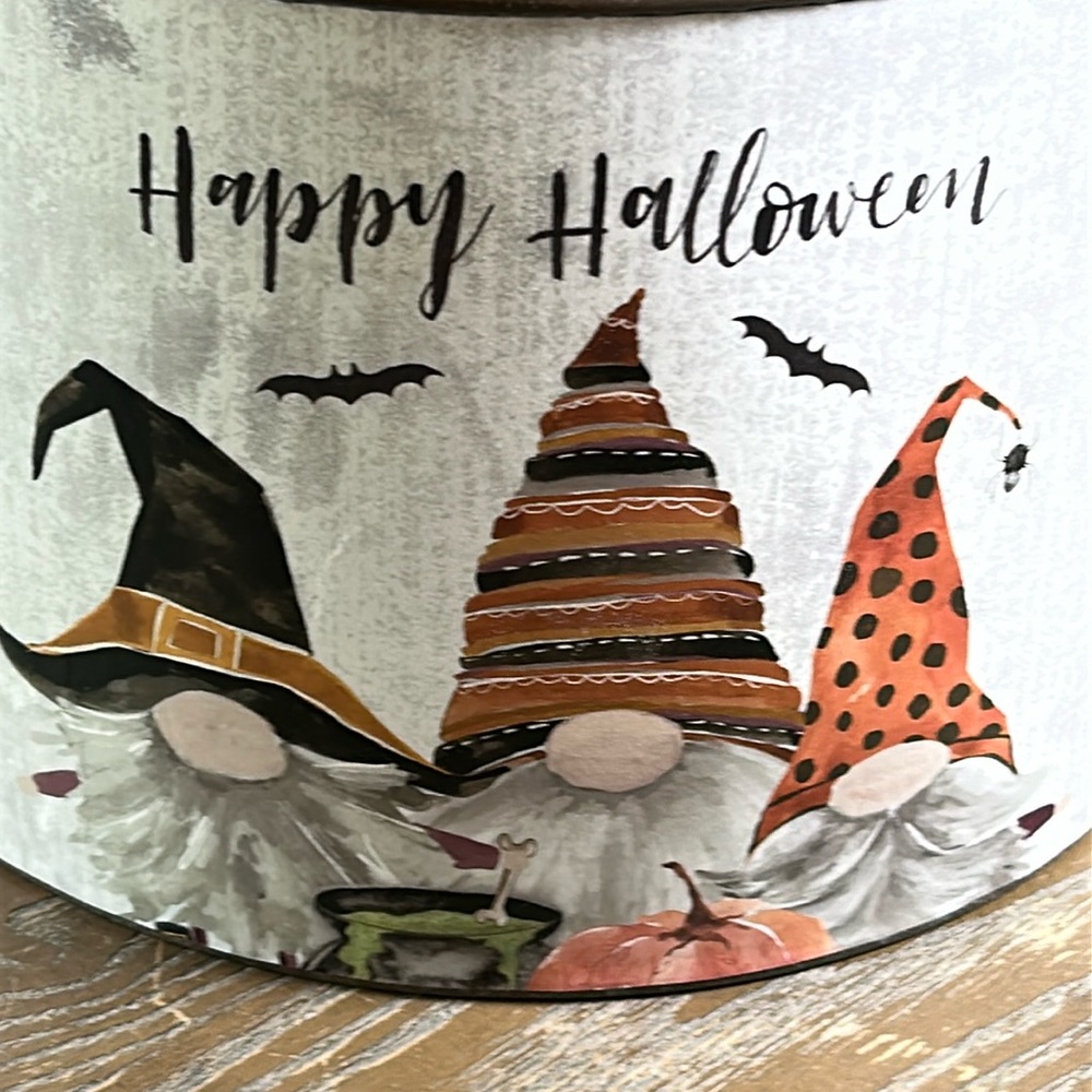 NEW! Cottage Farmhouse Enchanted Gnome Distressed Metal Halloween Bucket Basket - Picture 2 of 7